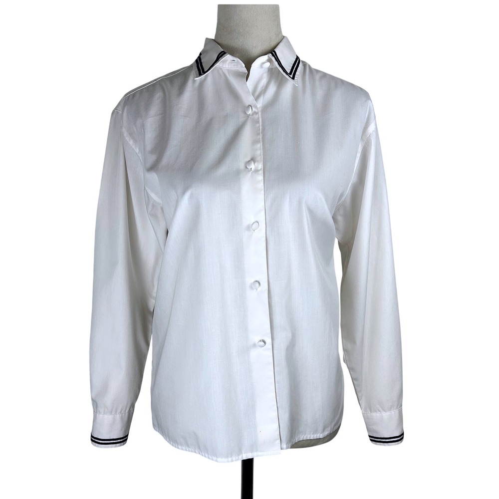 VTG Baxter & Wells Tipped Cotton White Women 8P Nautical Classic Button Down